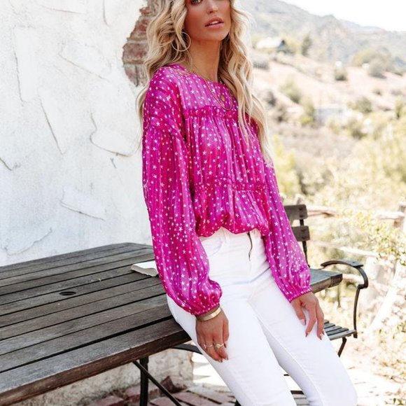 VICI Pink Magenta Shooting Stars Tiered Shimmer Blouse Top Shirt Small 4-6 NWT - Picture 10 of 12